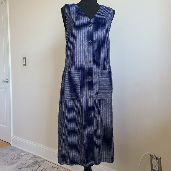 Old Navy Linen Blend Striped Button Front Midi Dress XL Pockets Cottagecore - Picture 2 of 9